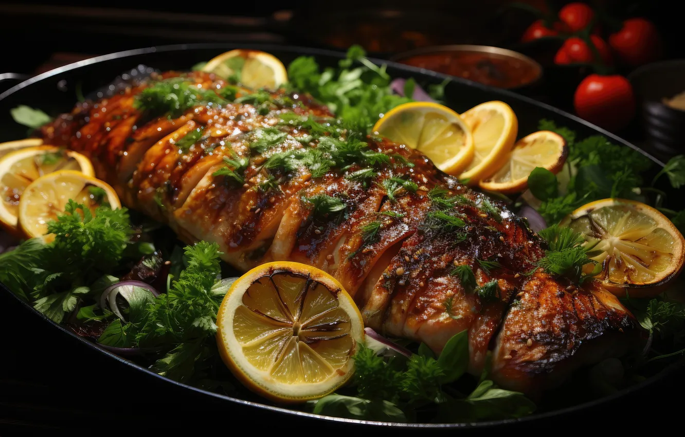 Photo wallpaper greens, the dark background, lemon, meat, tomatoes, pan, grilled meat, AI art
