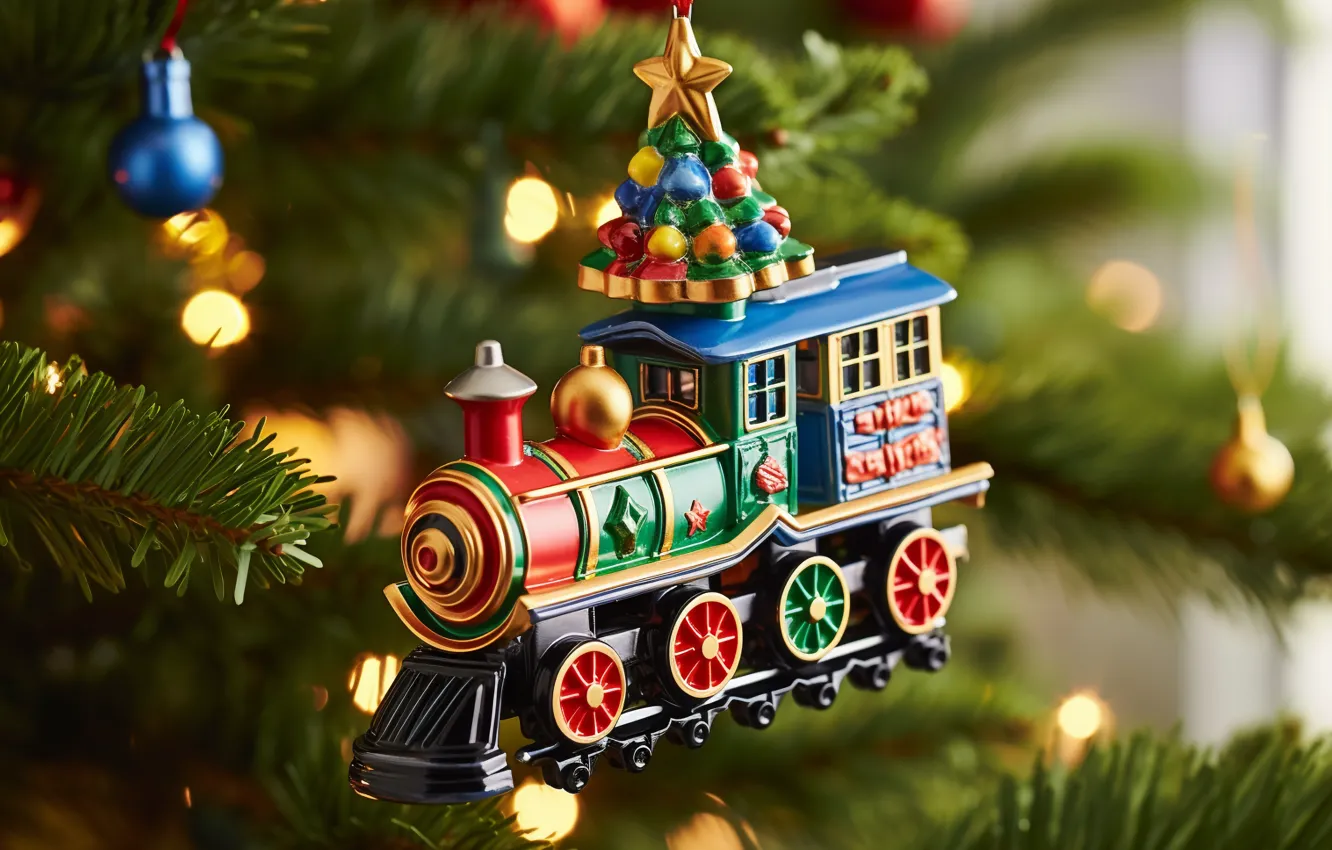 Photo wallpaper stars, branches, lights, toy, tree, new year, train, the engine