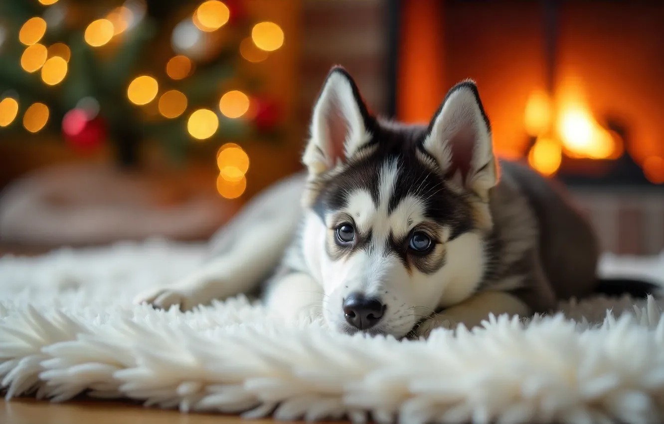 Photo wallpaper look, light, lights, room, new year, dog, Christmas, puppy