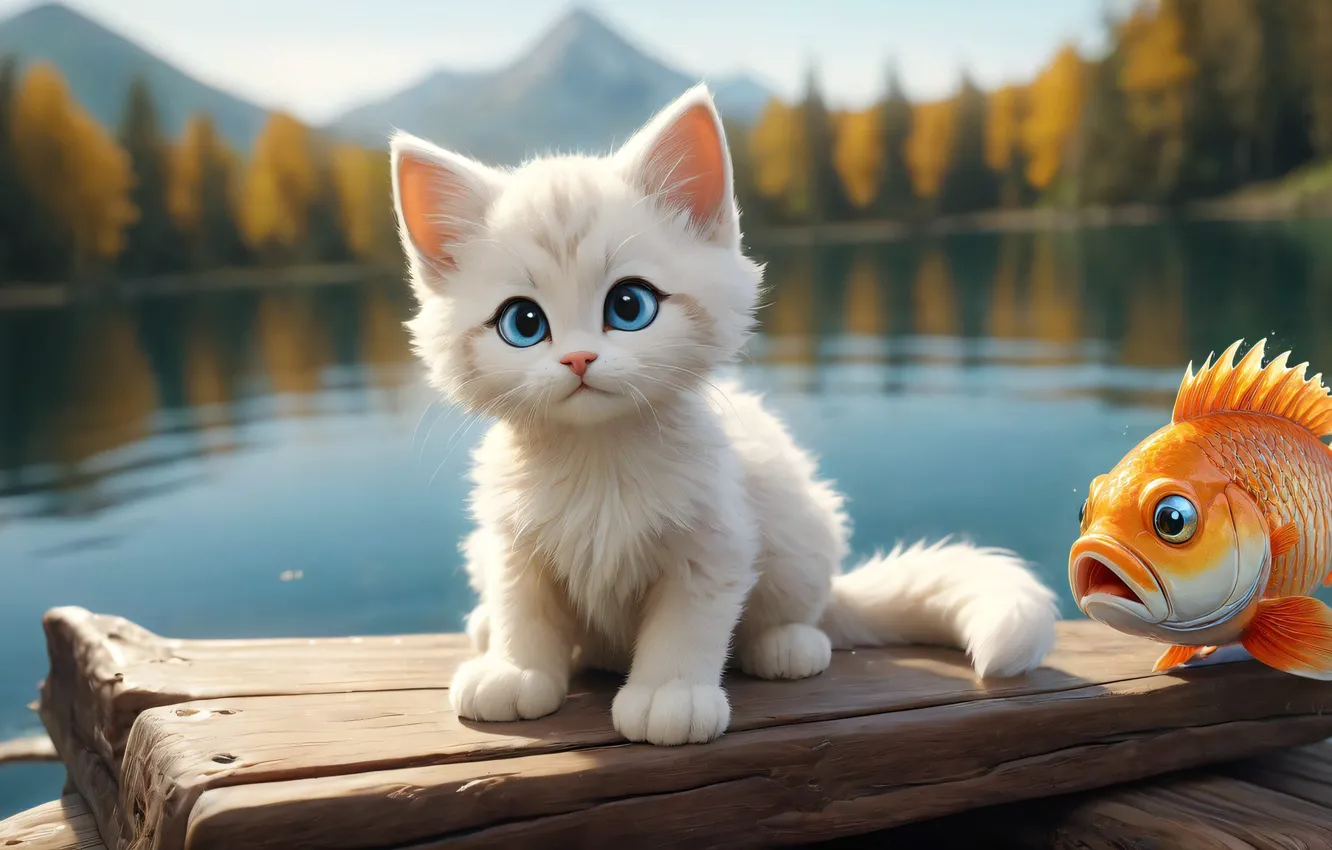 Wallpaper pond, kitty, fish for mobile and desktop, section ии арт
