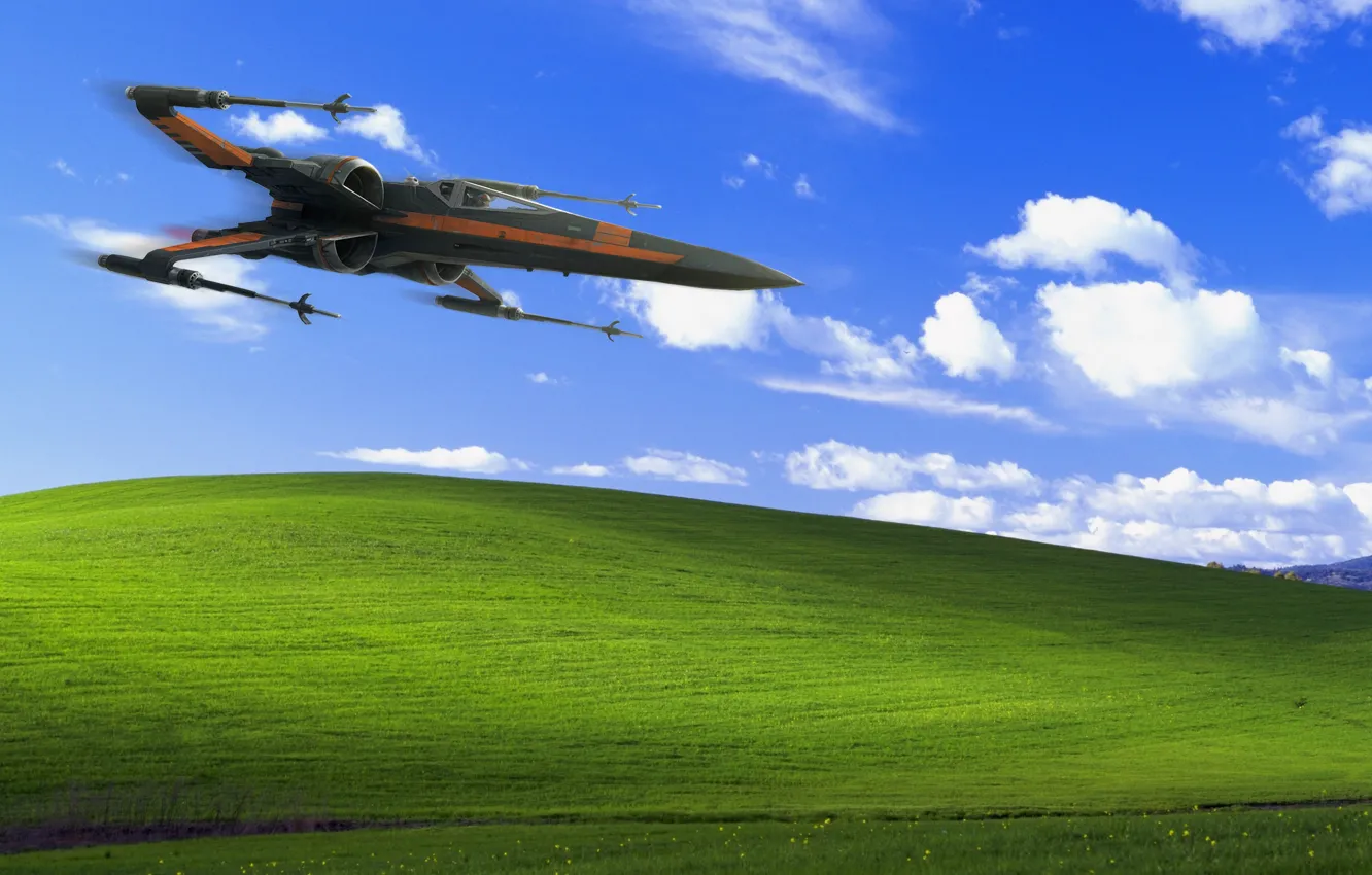 Photo wallpaper landscape, hills, fighter, Star Wars, windows xp, science fiction, X-wing, madeinkipish