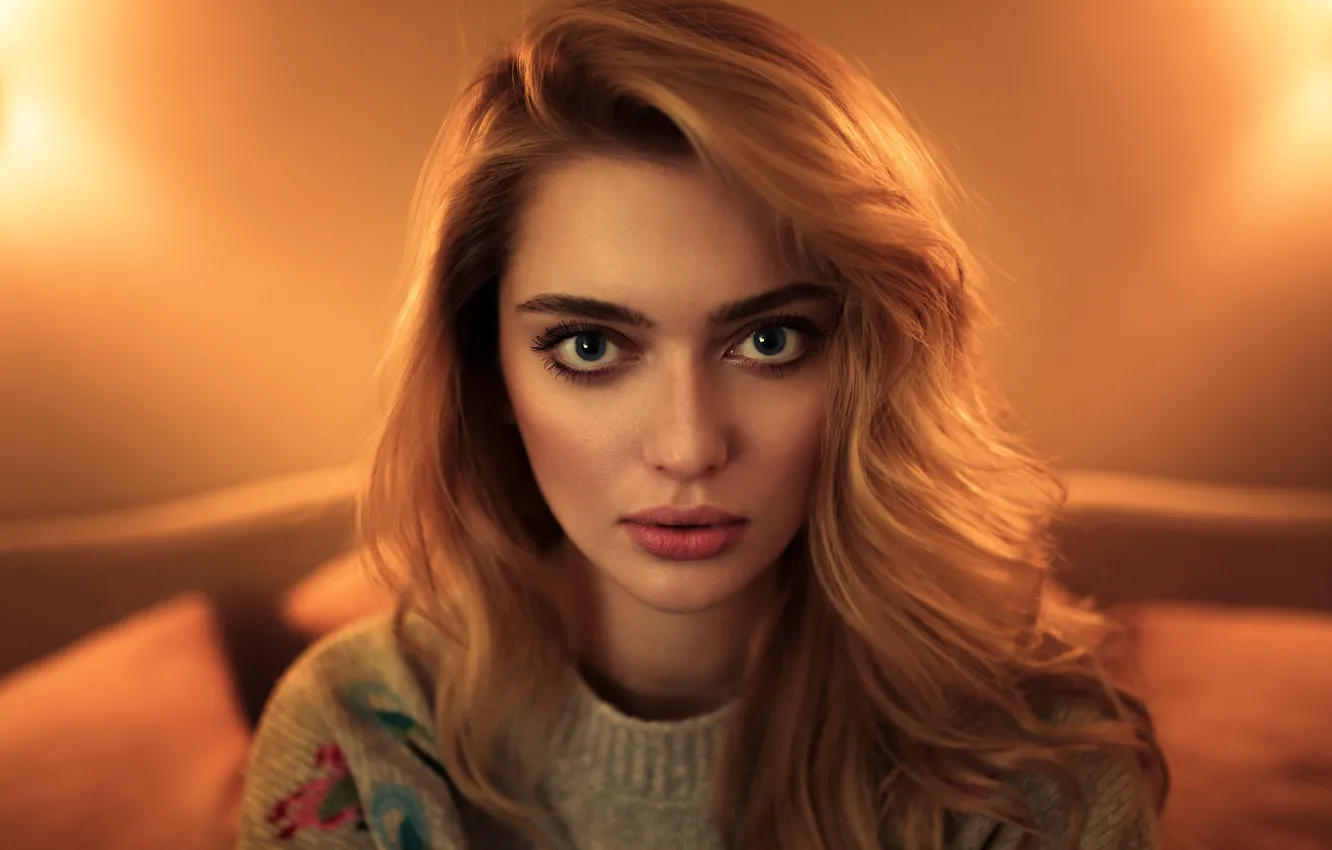 Photo wallpaper look, girl, lamp, portrait, makeup, hairstyle, beautiful, redhead