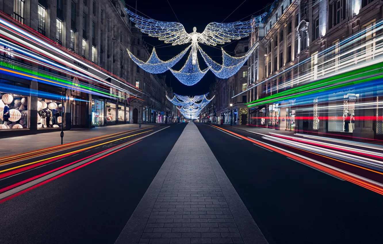 Photo wallpaper city, lights, christmas, road, night, street, angels, London
