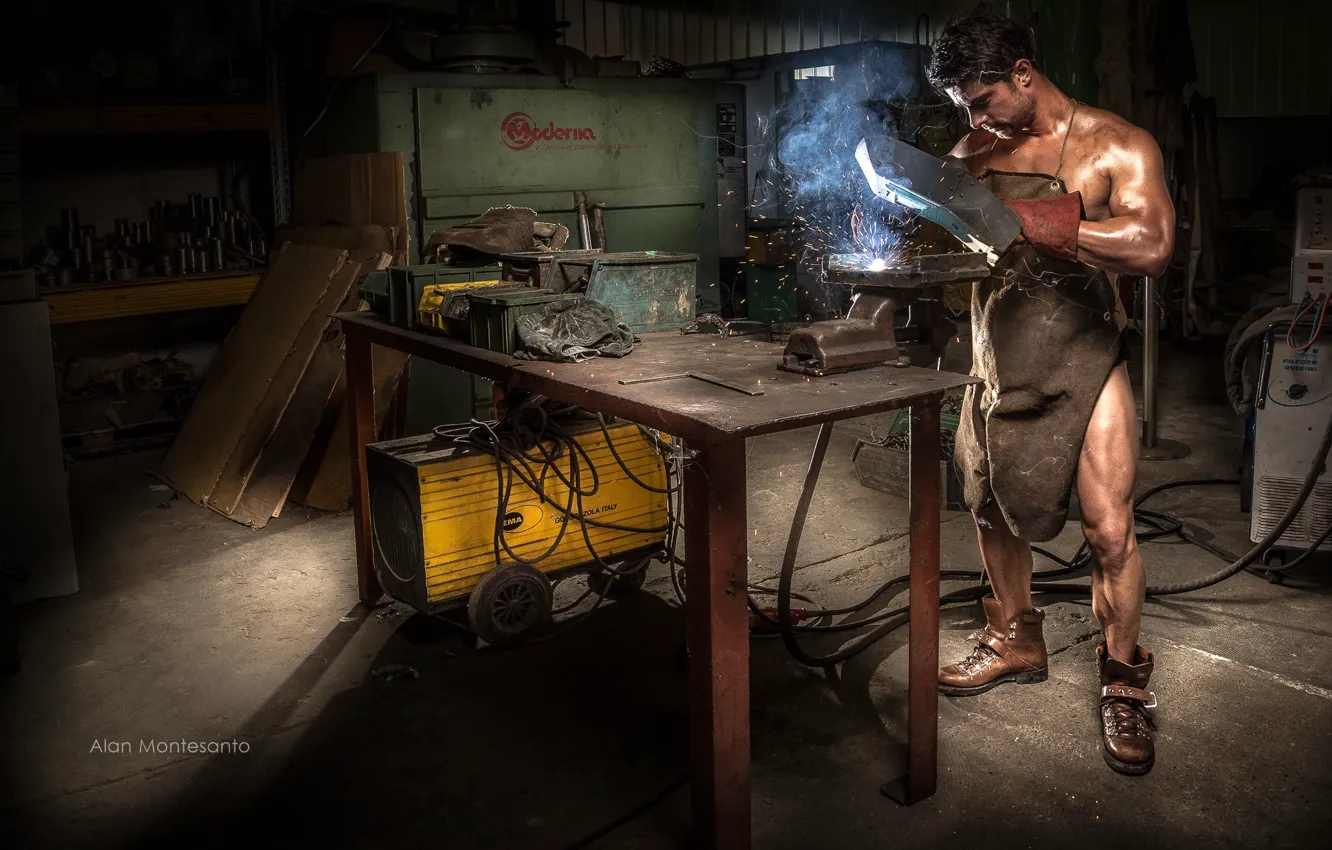 Photo wallpaper male, naked, apron, welding machine, welder