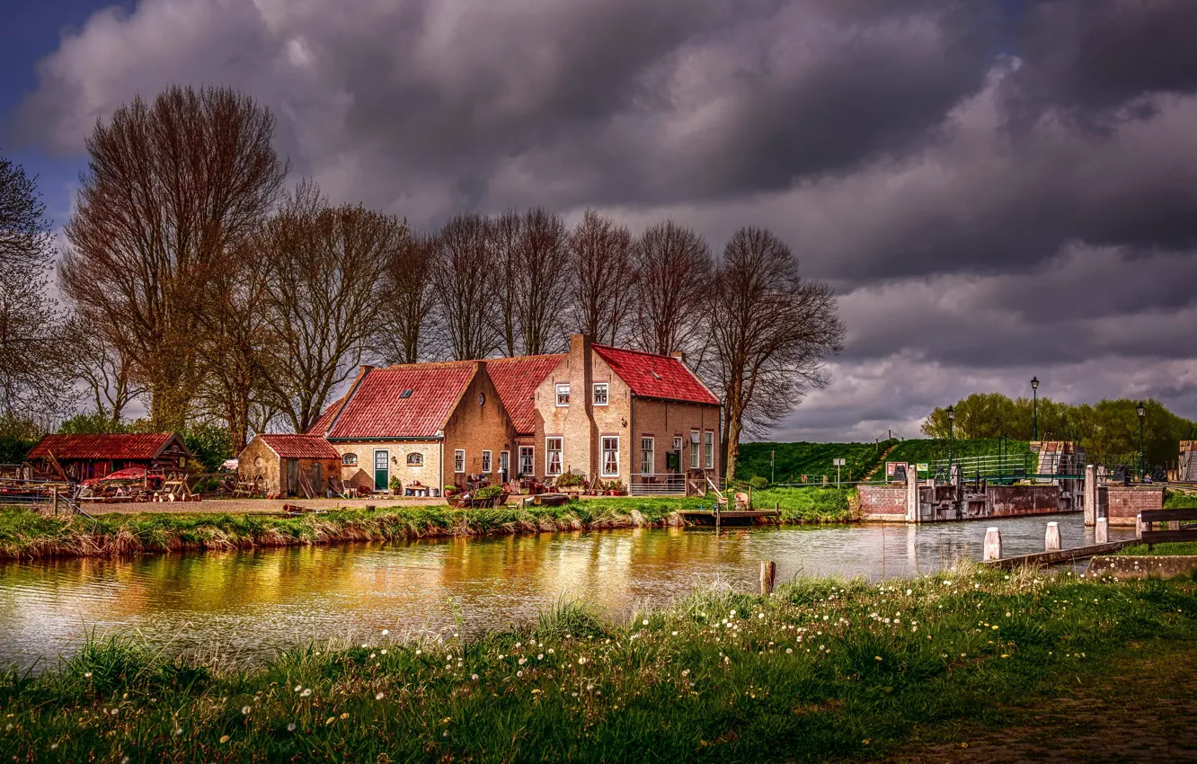 Photo wallpaper grass, trees, nature, river, HDR, home, spring, Netherlands