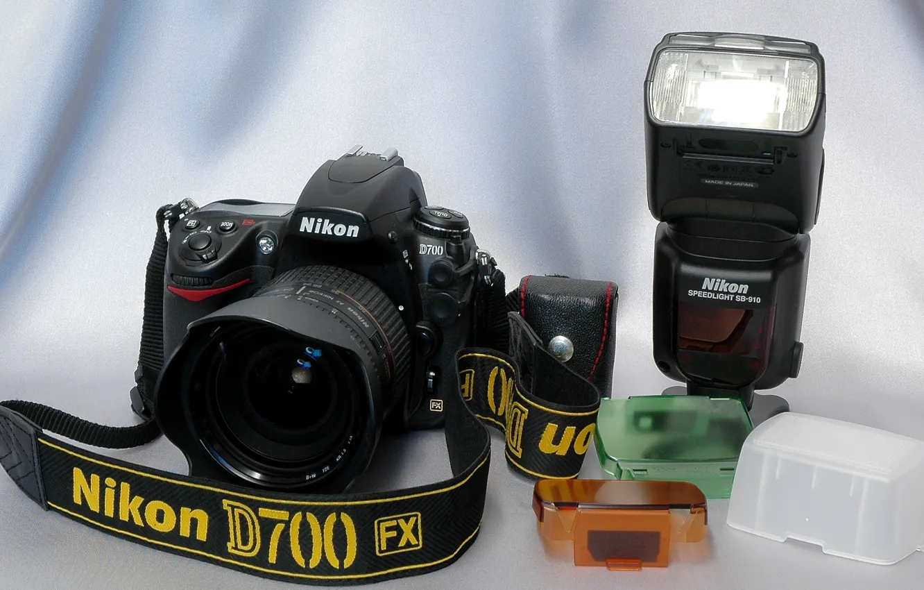 Photo wallpaper background, the camera, strap, mirror, Nikon D-700 FX, flash Nikon Speedlight SB-910, lens AF Nikkor …
