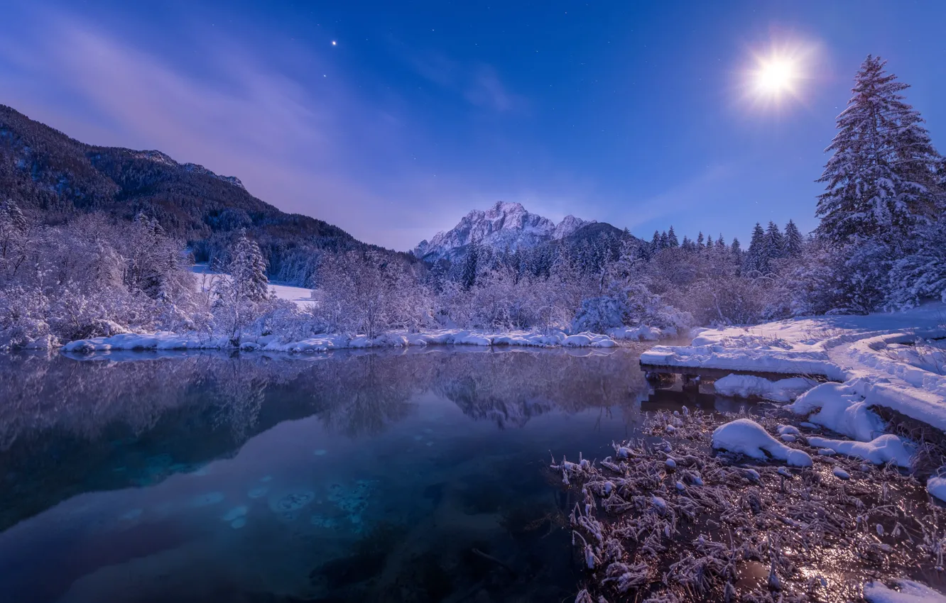 Photo wallpaper winter, light, snow, mountains, night, lake, the moon