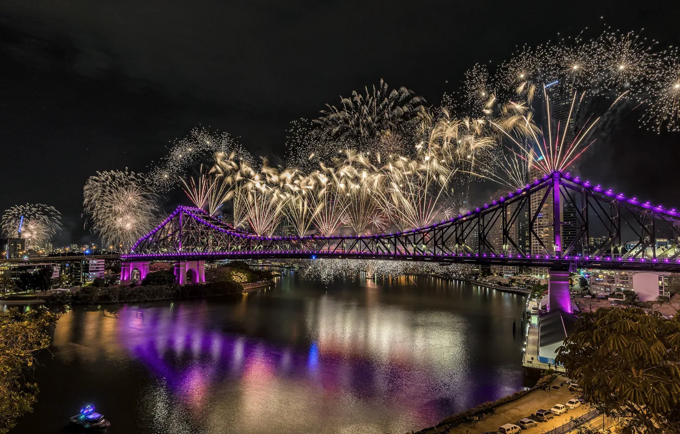 Photo wallpaper bridge, night lights, salute, night city