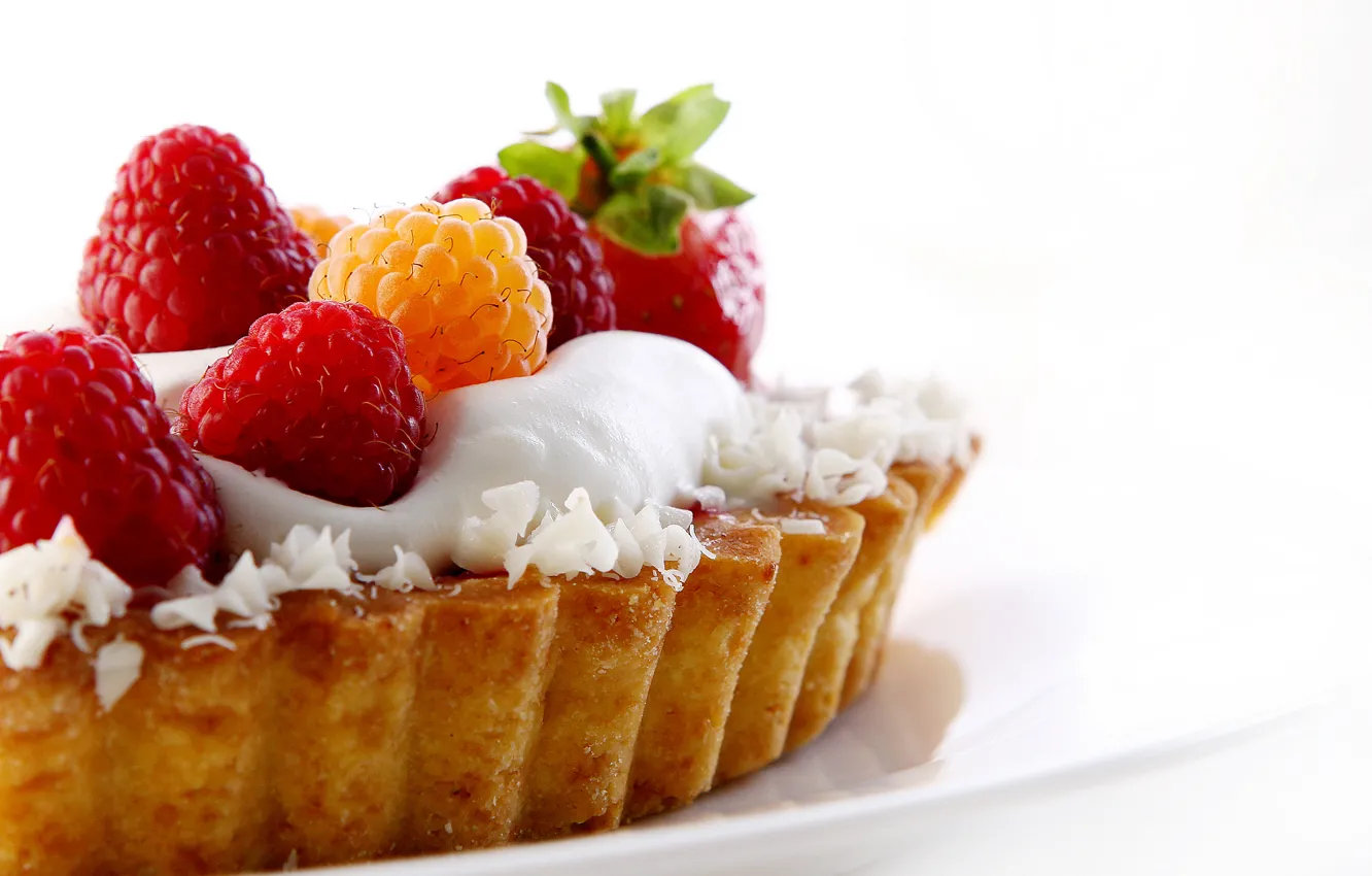 Photo wallpaper raspberry, strawberry, plate, cake, cream, dessert, sweet