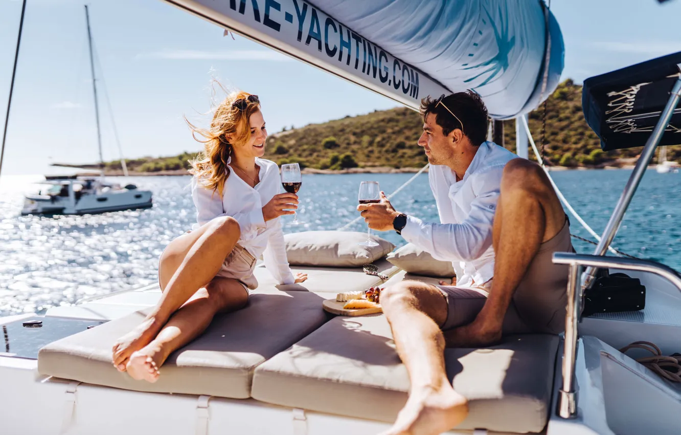 Photo wallpaper sea, girl, glass, male, two, journey, sea, Luxury yacht