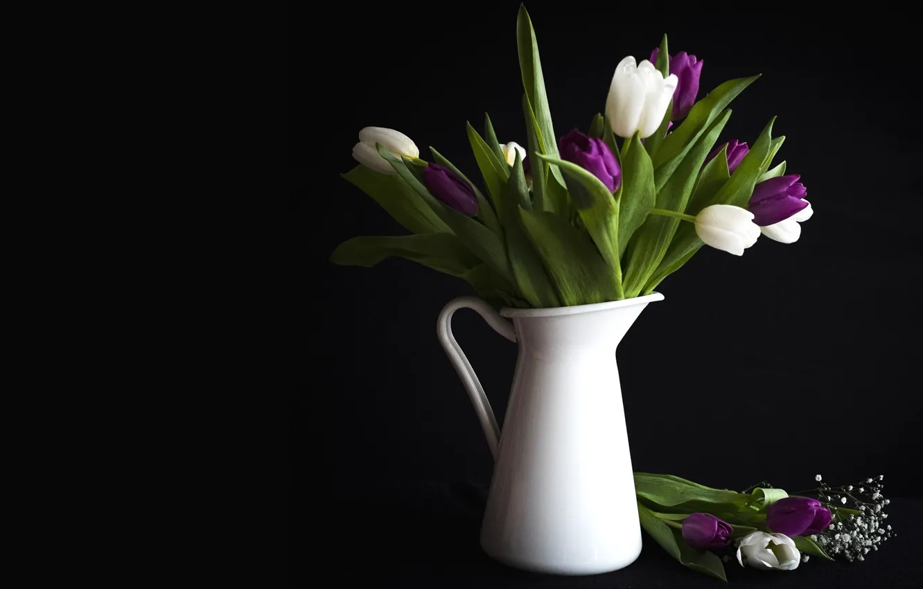 Photo wallpaper flowers, tulips, vase, black background