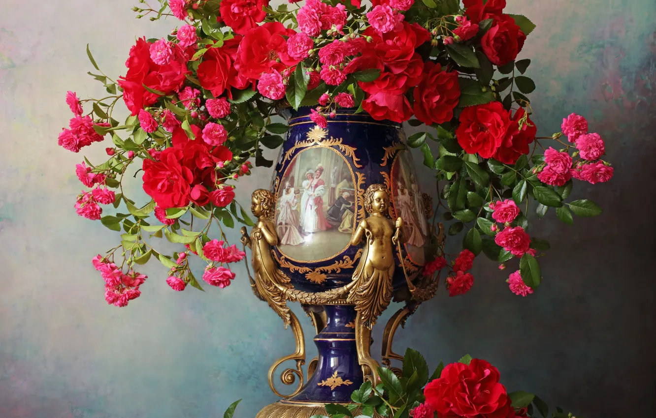 Photo wallpaper style, roses, bouquet, vase, Andrey Morozov