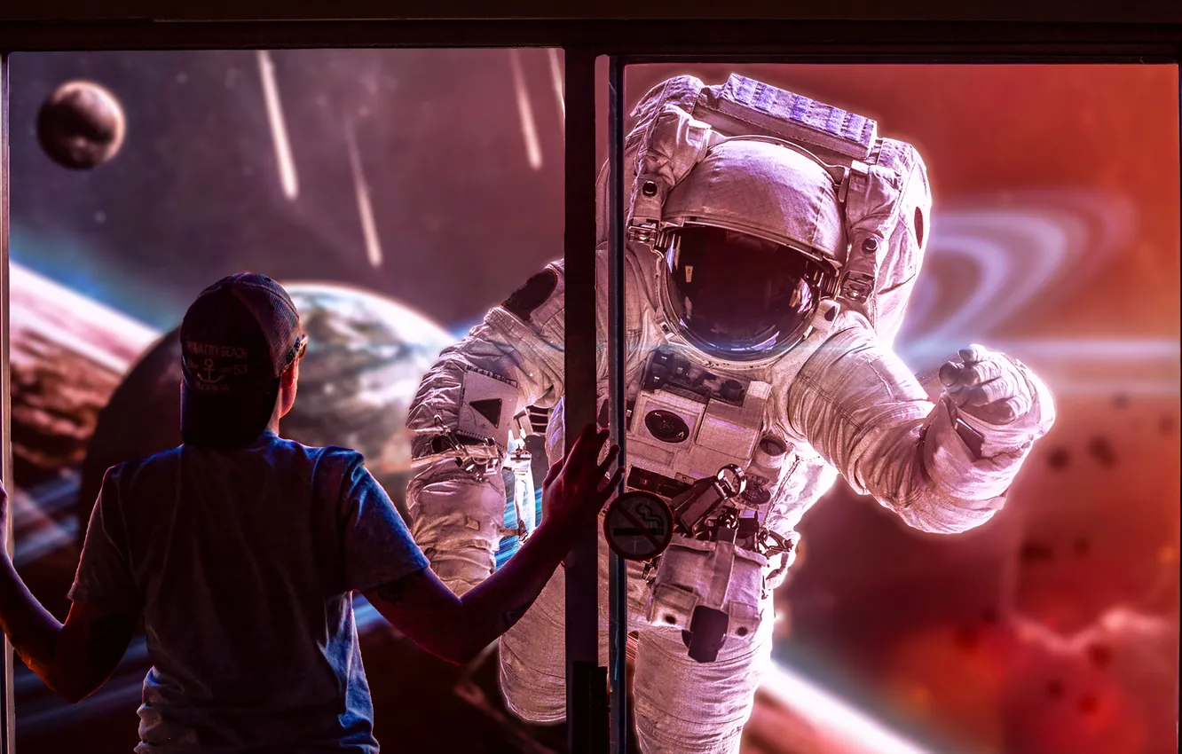 Photo wallpaper fantasy, window, dreamy, astronaut, Space Exploration