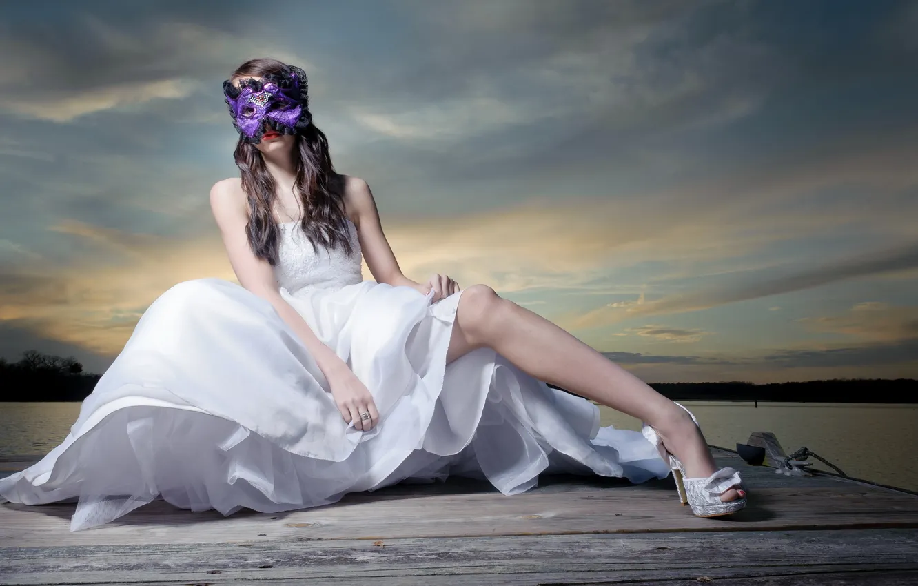 Photo wallpaper girl, night, lake, mask