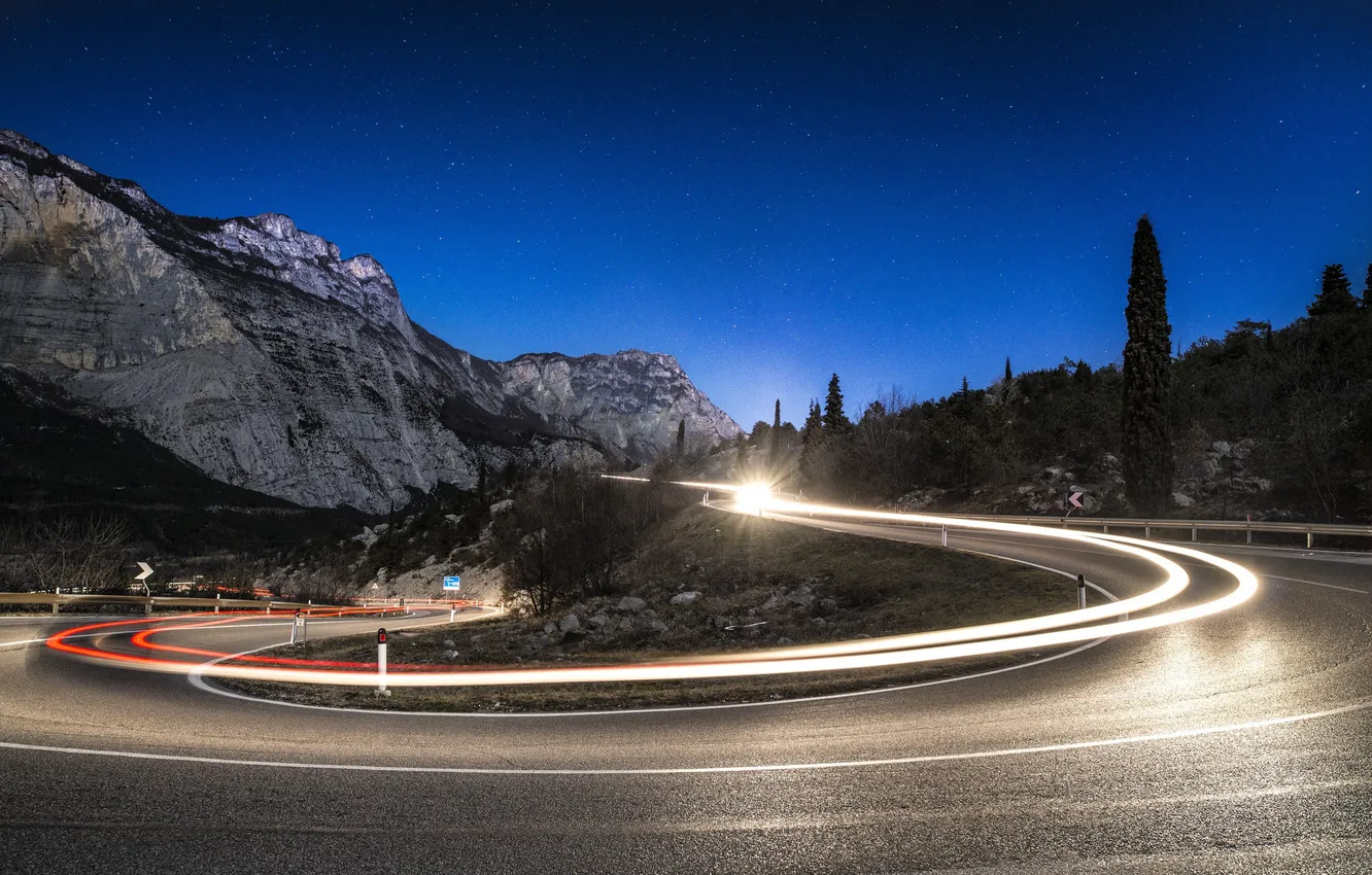 Photo wallpaper road, the sky, stars, line, mountains, lights