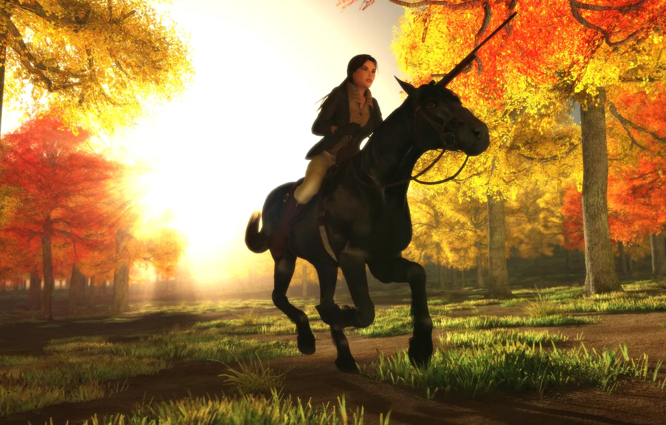 Photo wallpaper autumn, leaves, girl, trees, animal, horse, Tomb Raider, Lara Croft