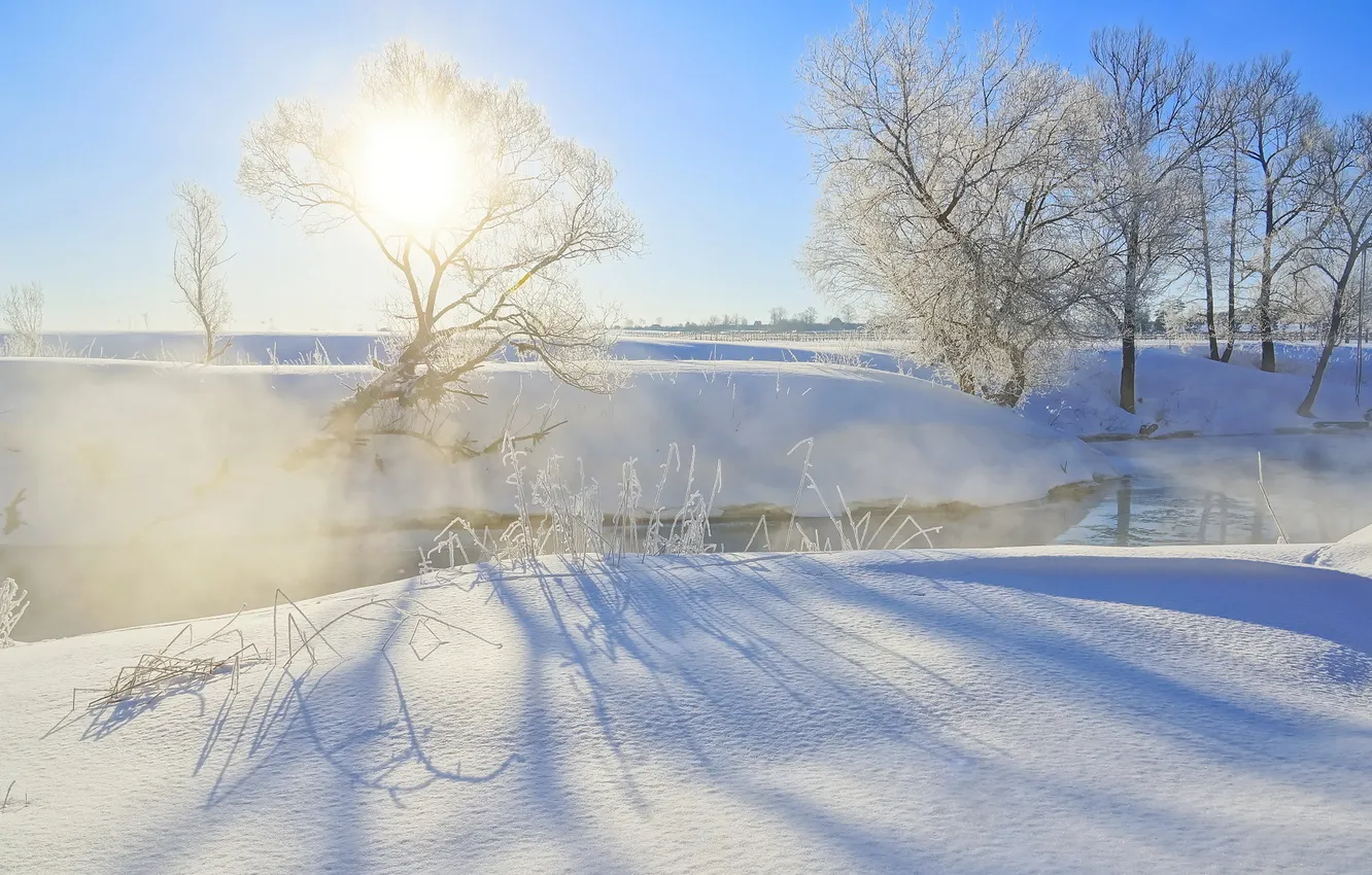 Photo wallpaper winter, landscape, fog, river, morning