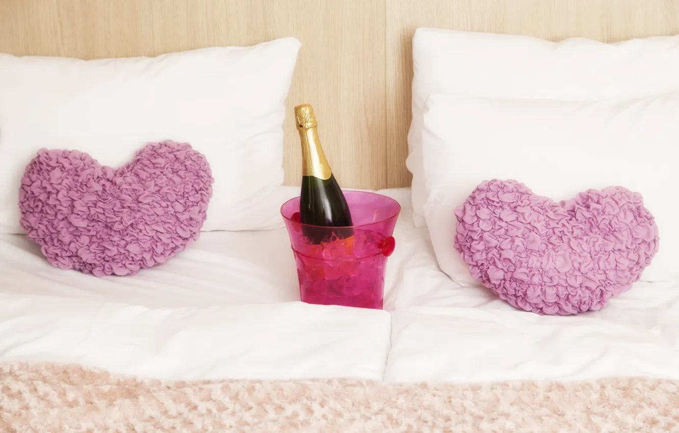 Photo wallpaper bottle, bed, ice, pillow, bucket, bed, hearts, champagne