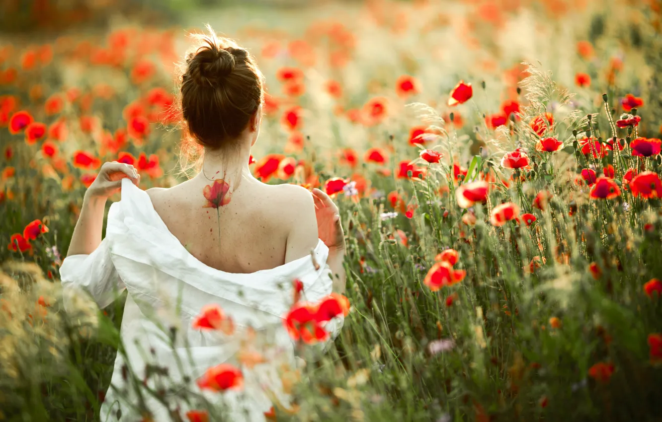 Photo wallpaper white, summer, girl, light, flowers, red, pose, back