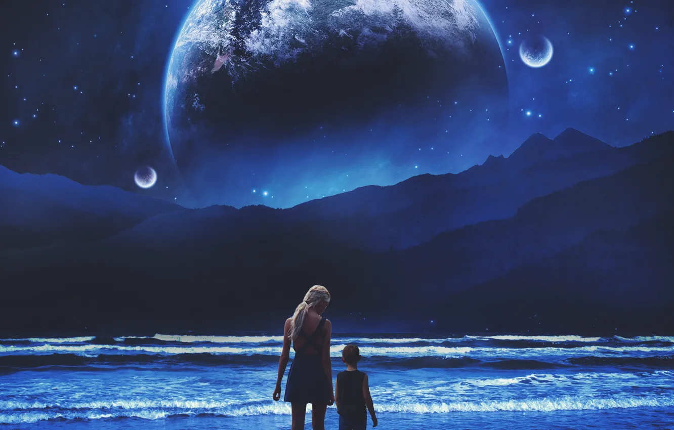 Photo wallpaper sea, beach, girl, space, mountains, night, fiction, mood