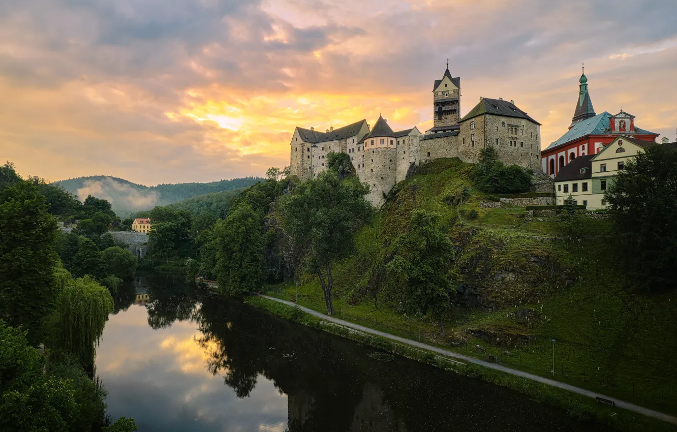 Photo wallpaper landscape, nature, river, castle, hills, Czech Republic, Gregory Beltsy, Loket