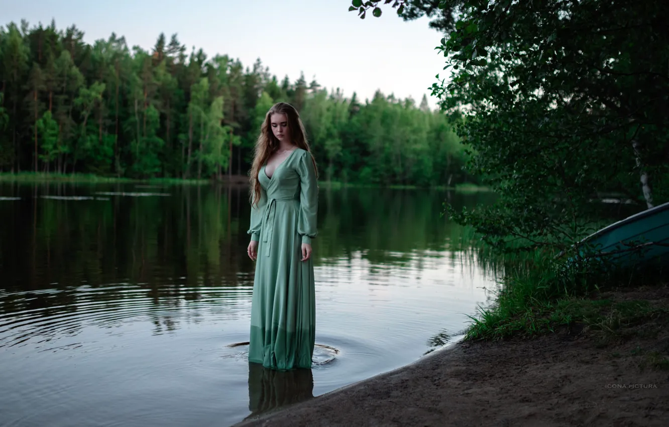 Photo wallpaper greens, grass, trees, nature, pose, river, shore, model