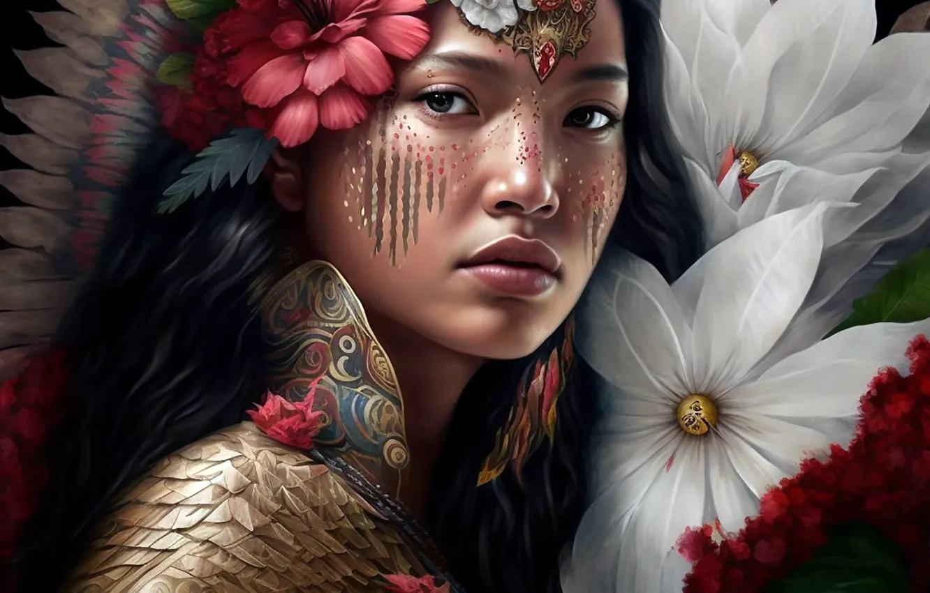 Photo wallpaper girl, flowers, portrait, feathers, Asian, woman, AI art, The Art of Artificial Intelligence