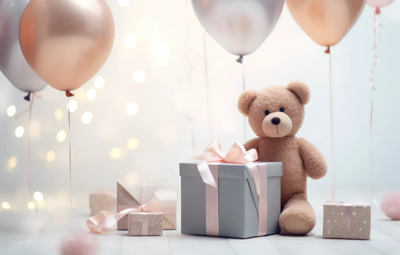 Photo wallpaper balls, lights, balloons, grey, birthday, holiday, box, gift