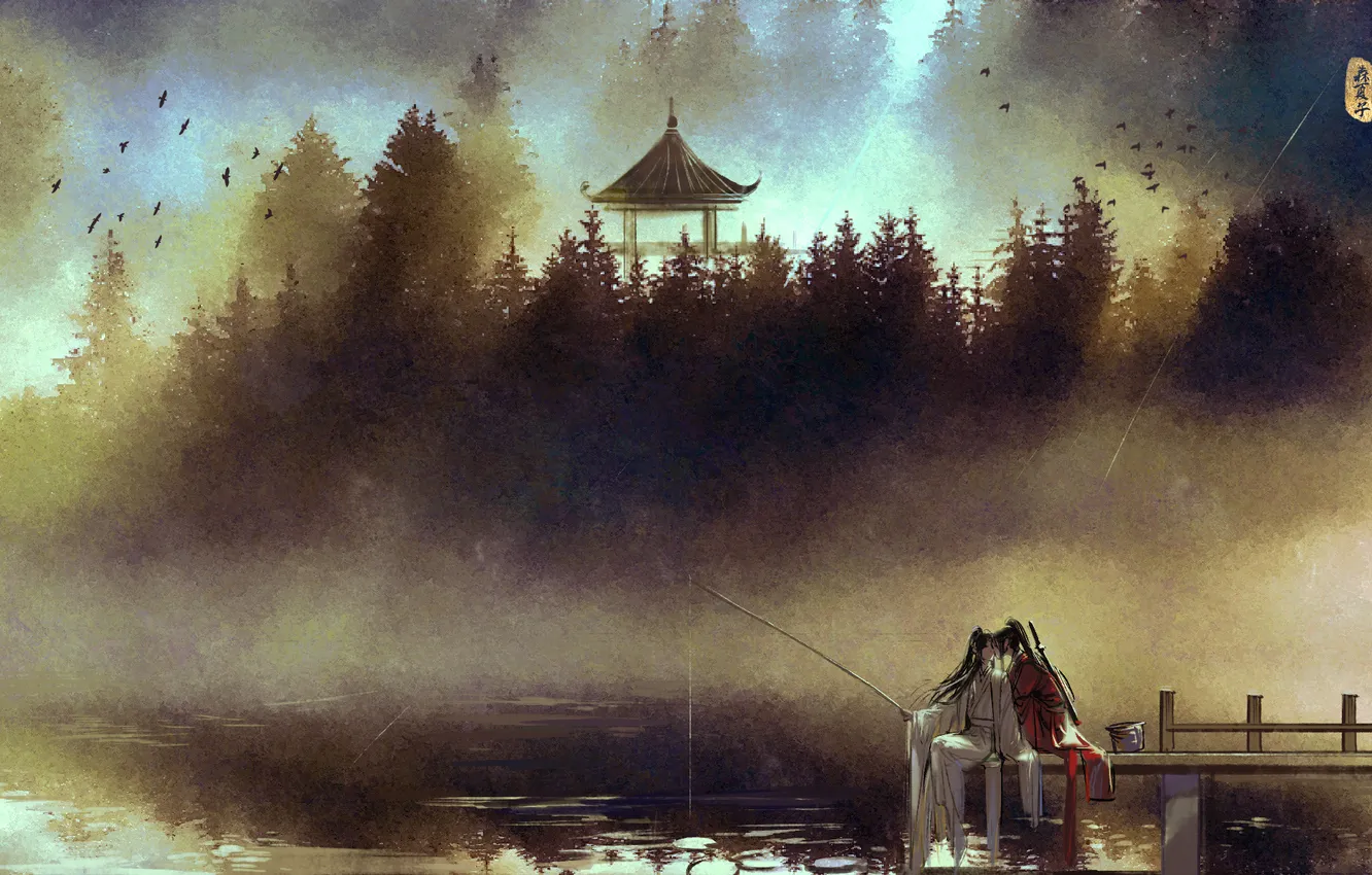 Photo wallpaper forest, lake, fishing, China, two, rod