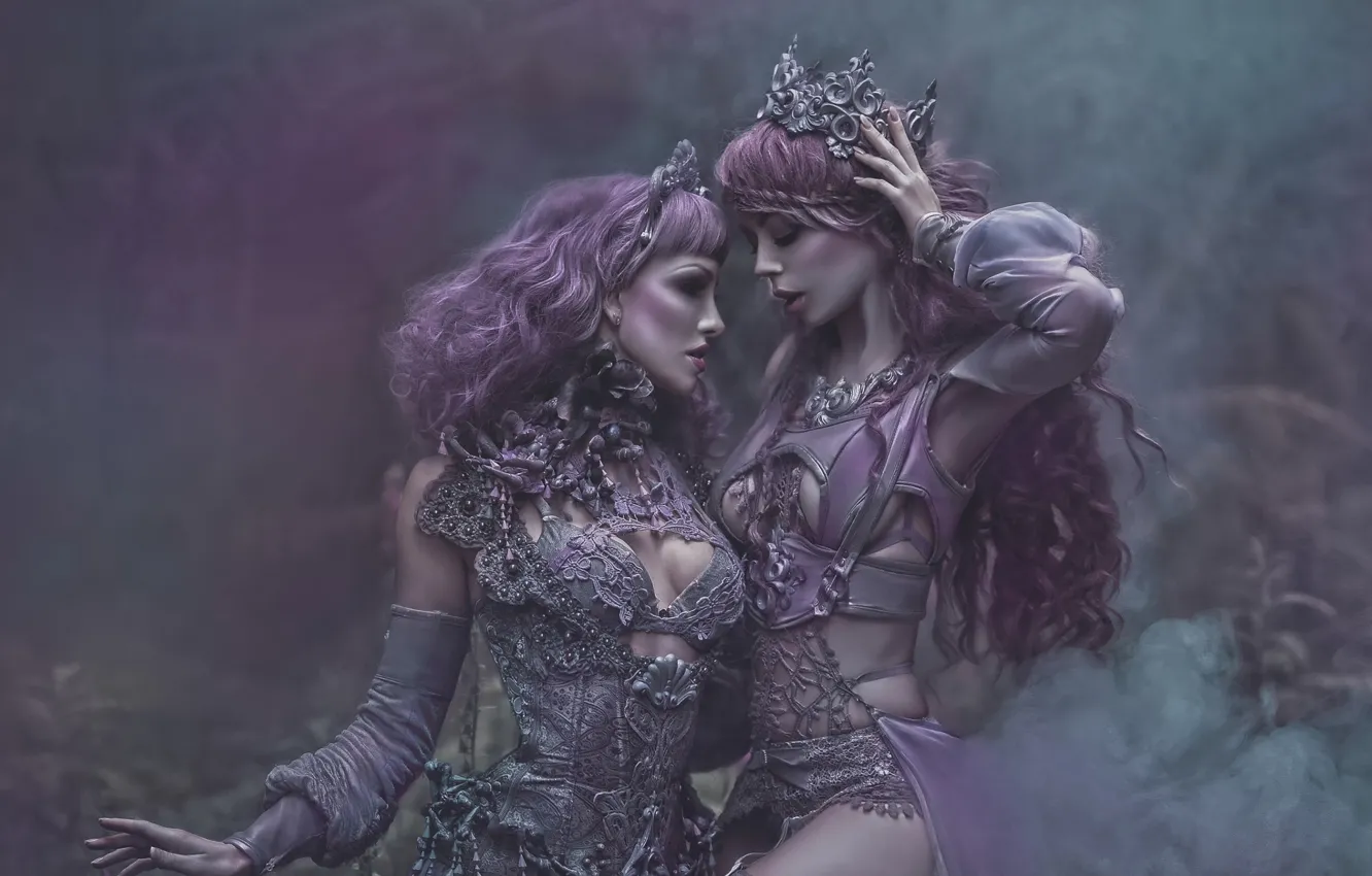 Photo wallpaper fantasy, art, two girls, Ophelia Overdose, Agnieszka Lorek, Lavender Love, Ryo Love
