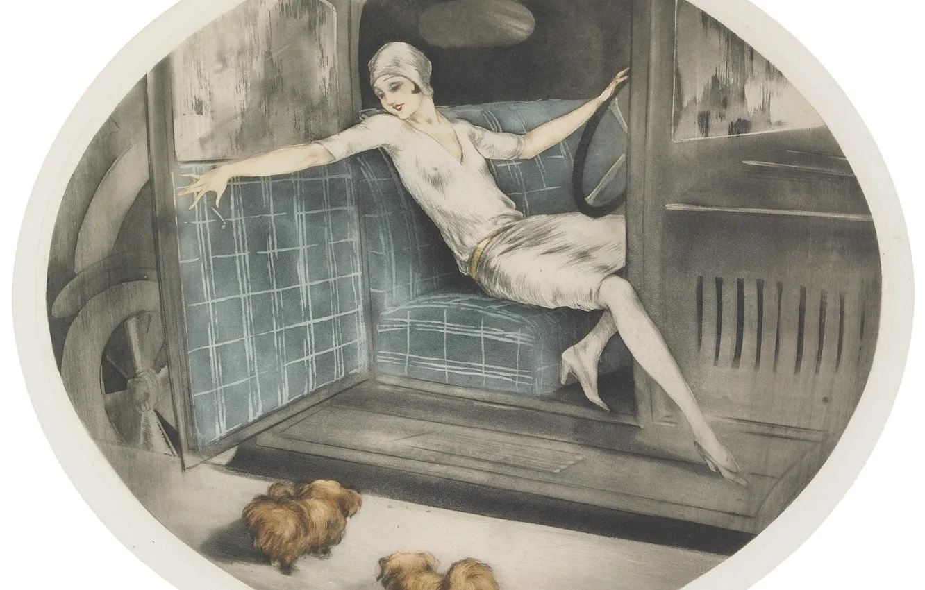 Photo wallpaper 1929, Louis Icart, two dogs, the woman behind the wheel, Nineteen thirty