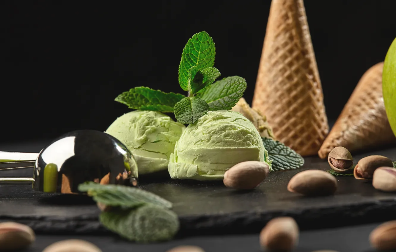 Photo wallpaper balls, ice cream, mint, pistachios, waffle cone