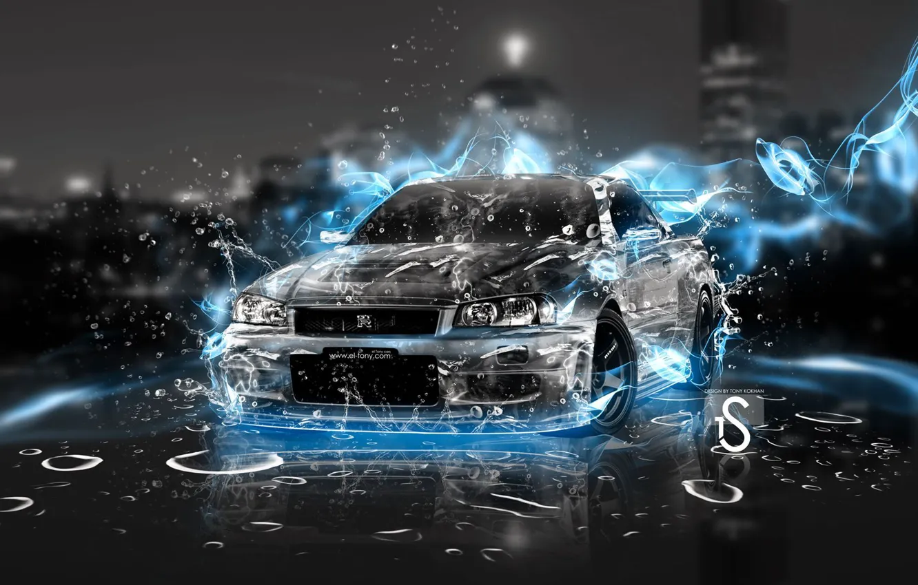 Photo wallpaper water, grey, flame, blue, black, smoke, nissan, couples