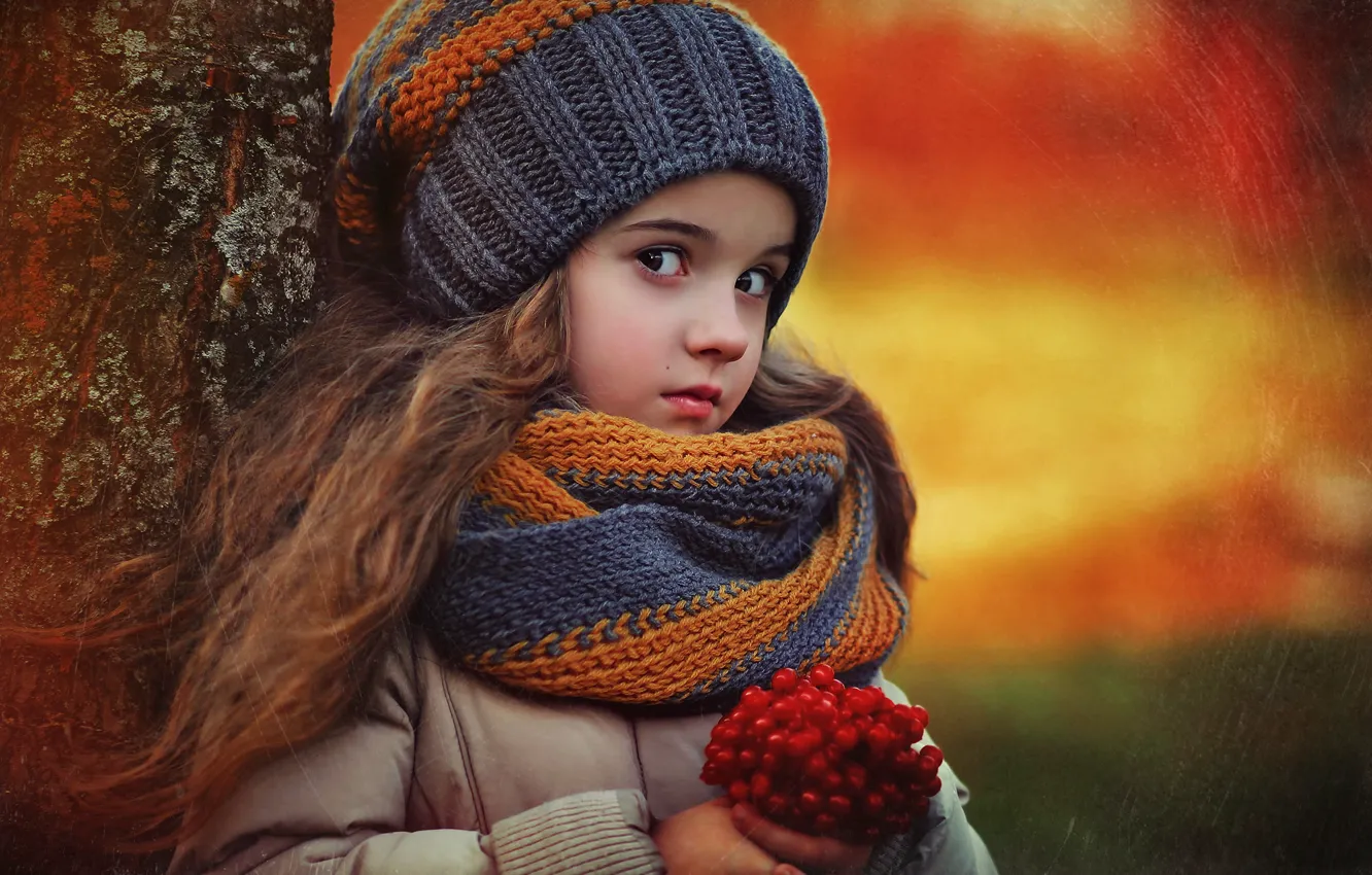 Photo wallpaper autumn, nature, children, berries, tree, girl, child