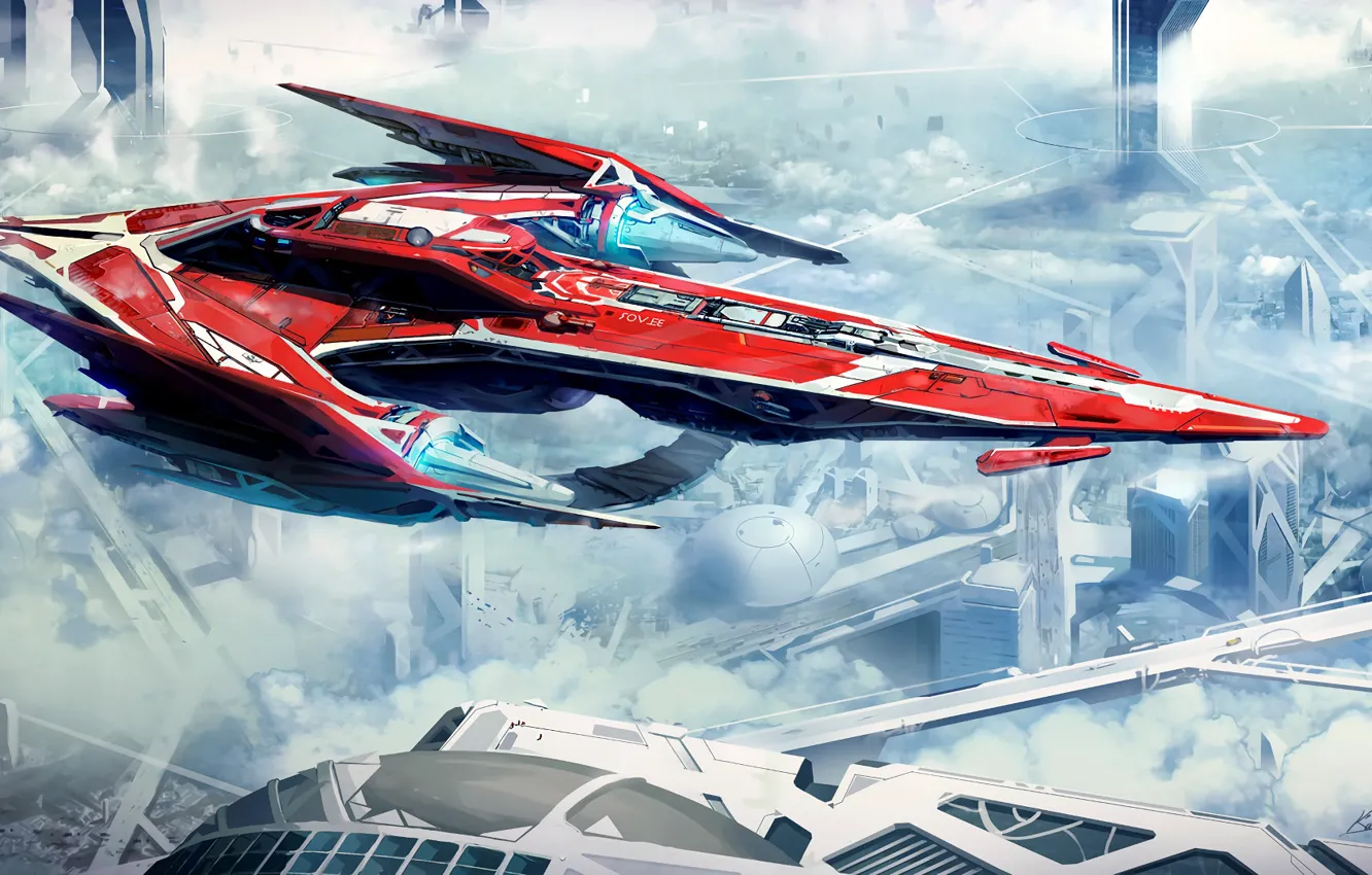 Photo wallpaper city, fantasy, science fiction, spaceship, sci-fi, digital art, buildings, artwork