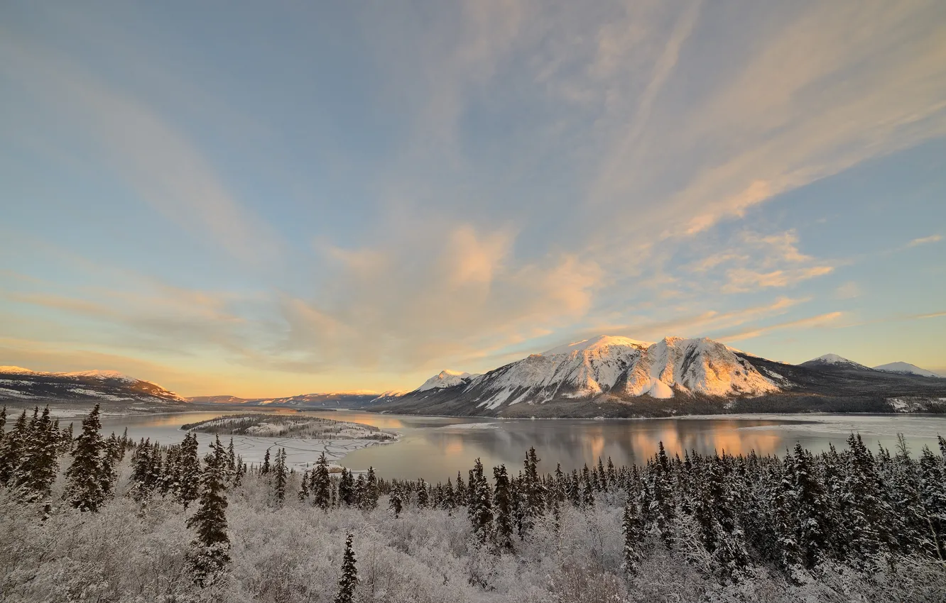 Photo wallpaper winter, trees, mountains, lake, island, Canada, Canada, Conrad