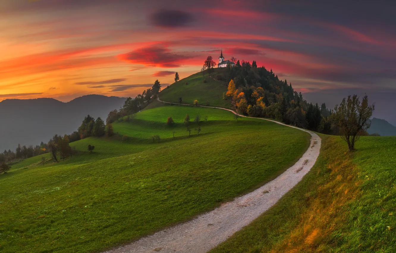 Photo wallpaper road, field, sunset, hills, Church
