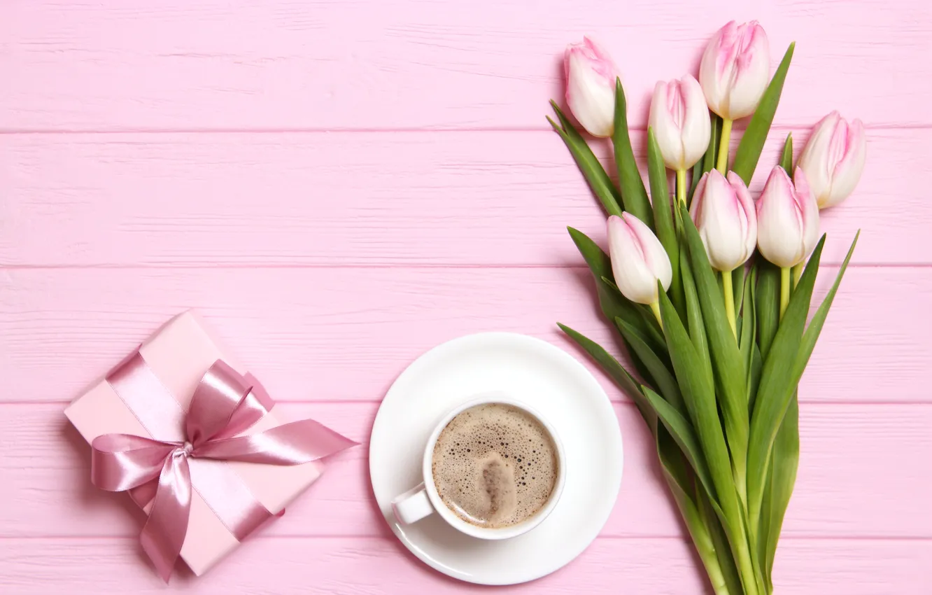 Photo wallpaper flowers, gift, bouquet, tulips, pink, wood, pink, flowers
