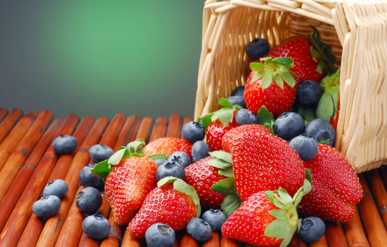 Photo wallpaper summer, berries, strawberry, basket, blueberries