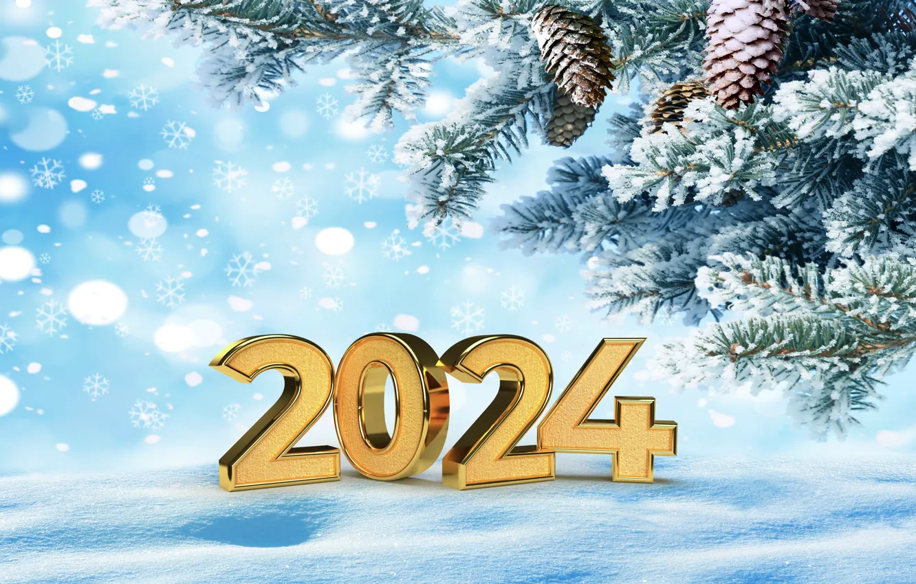 Photo wallpaper winter, snow, snowflakes, gold, new year, figures, golden, winter
