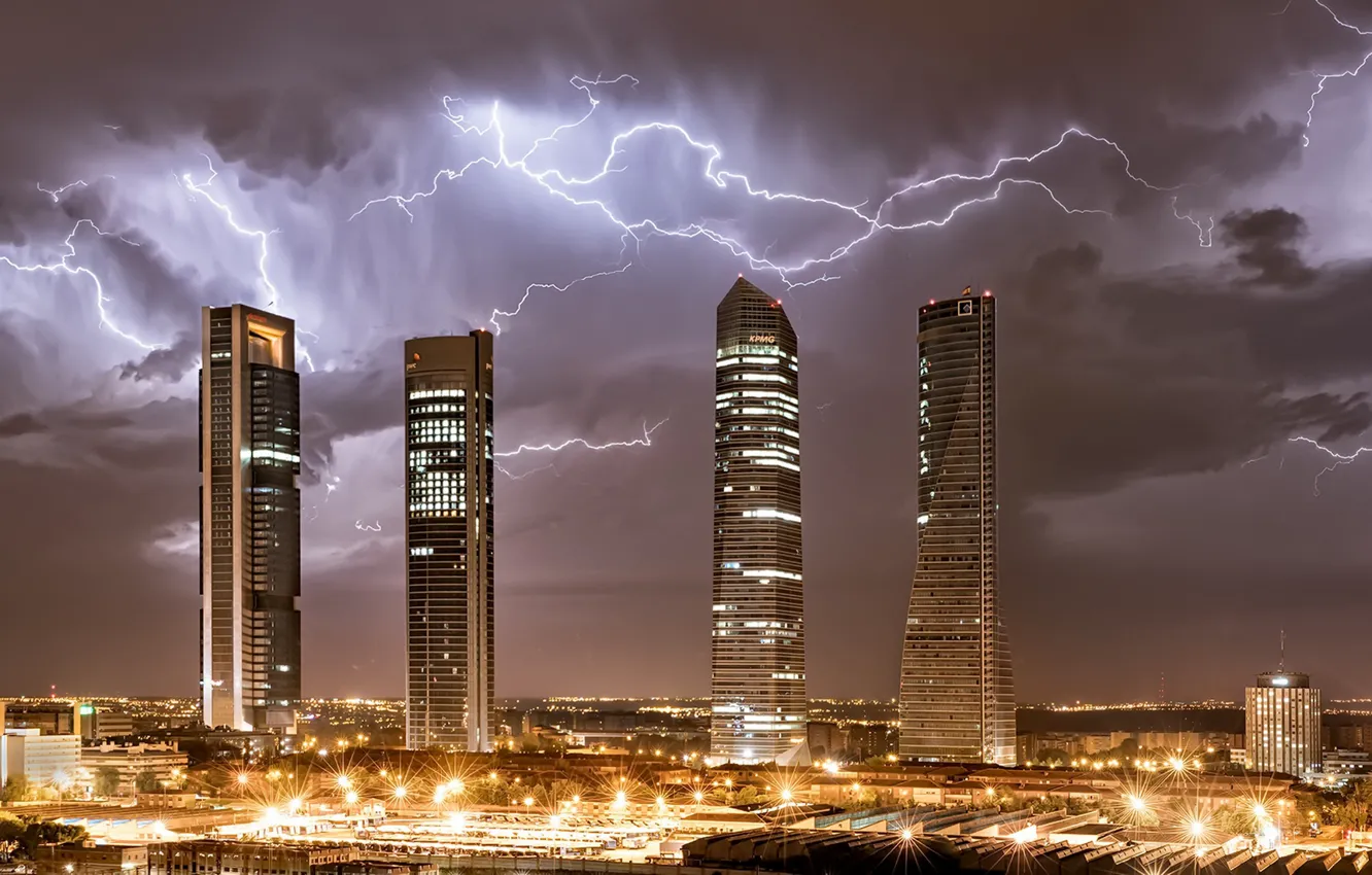 Photo wallpaper night, the city, lightning, Madrid, Almenara
