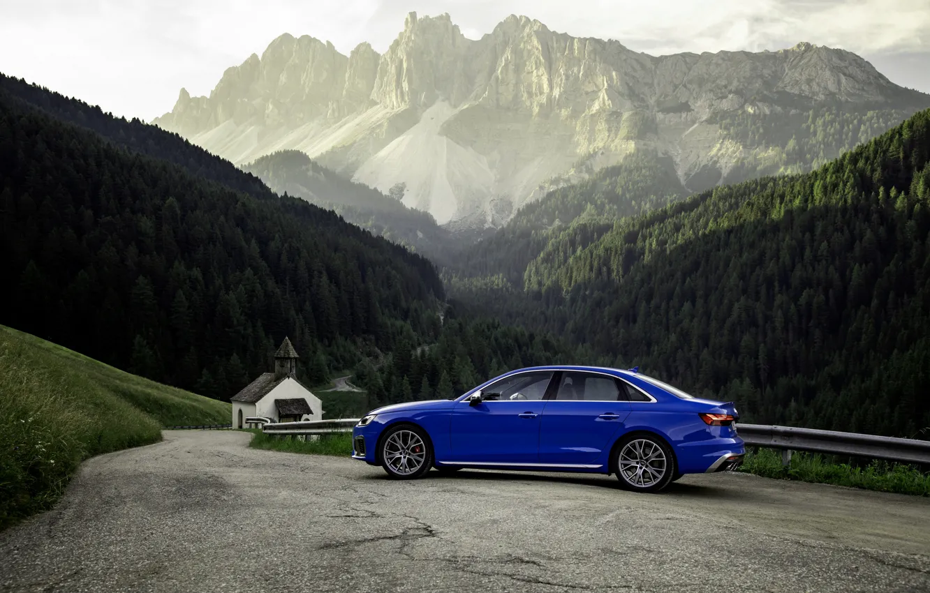 Photo wallpaper blue, Audi, sedan, mountain road, Audi A4, Audi S4, 2019