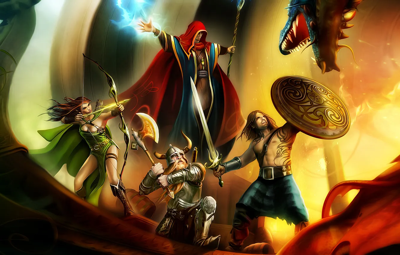 Photo wallpaper lights, weapons, flame, dragon, sword, warrior, bow, Archer