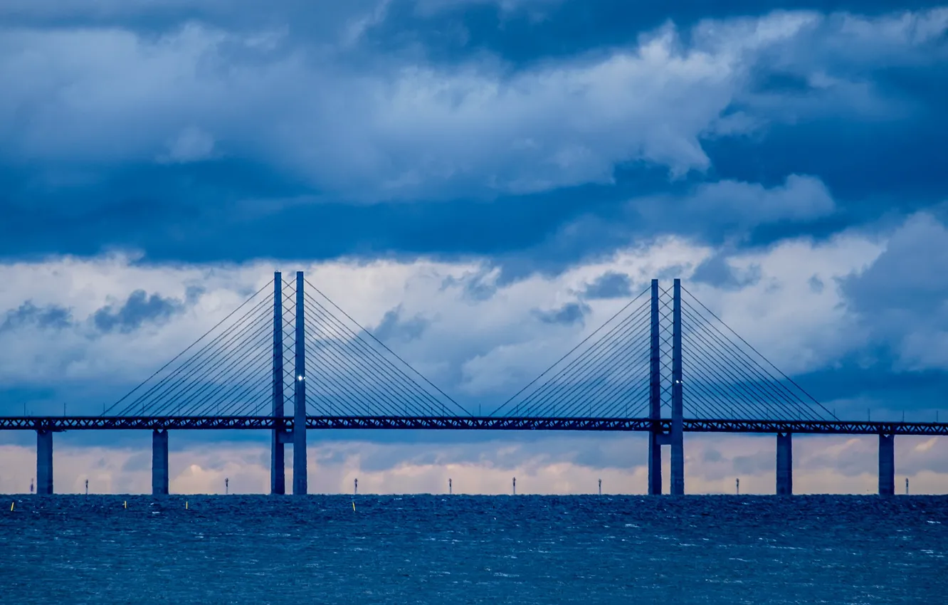 Photo wallpaper sea, bridge, clouds, wind