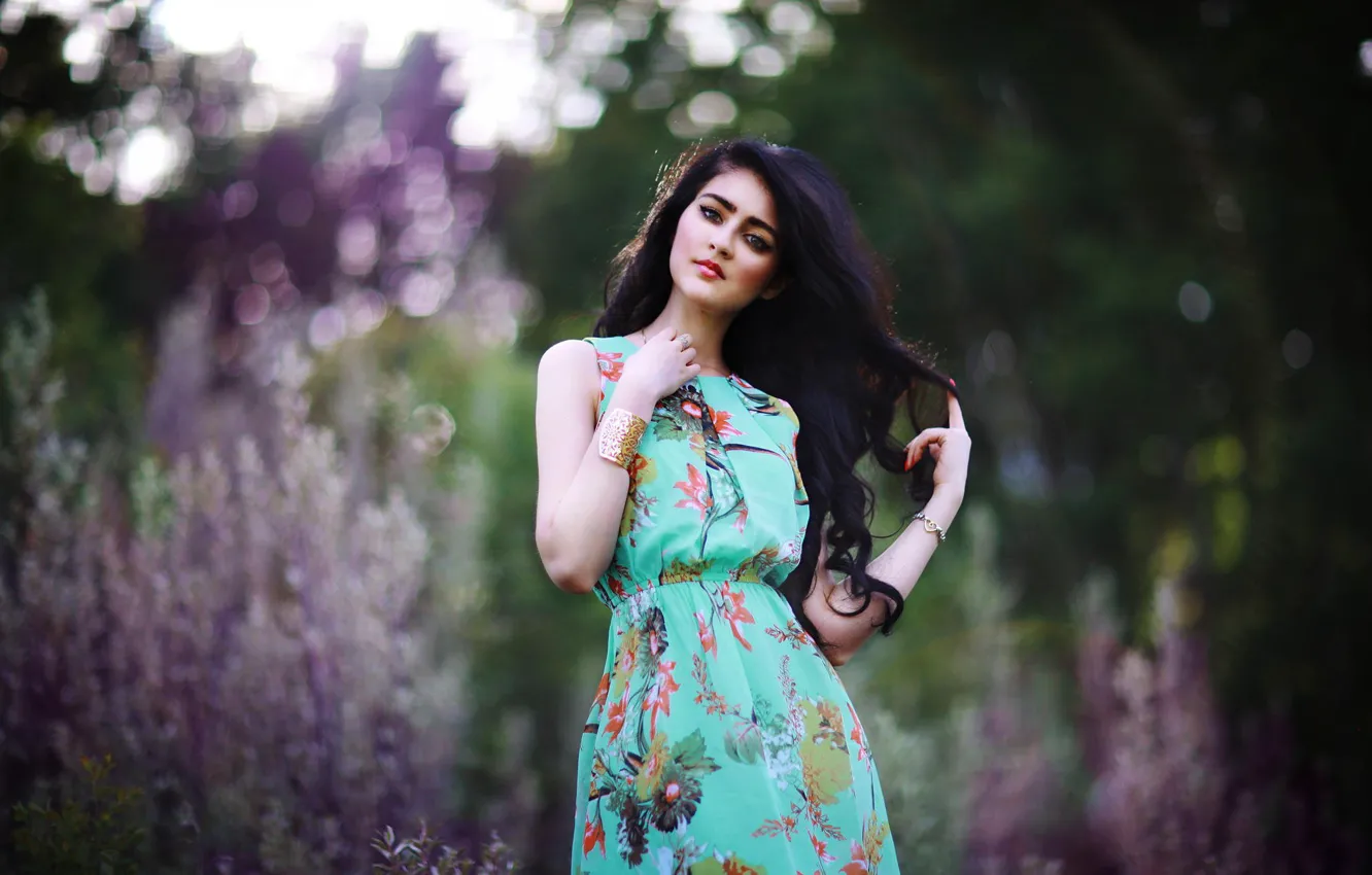 Photo wallpaper summer, girl, decoration, nature, makeup, dress, brunette, bracelet