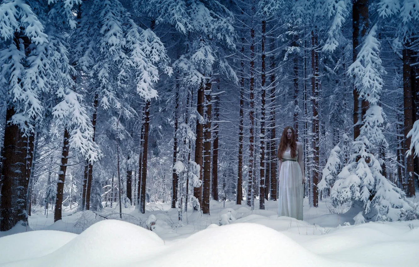 Photo wallpaper forest, girl, snow, nature
