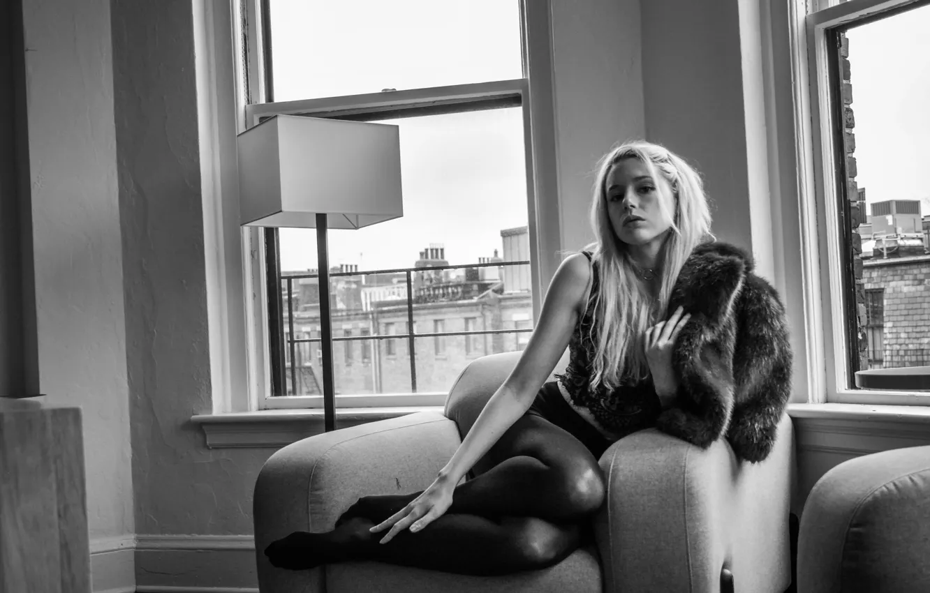 Photo wallpaper look, girl, chair, window, blonde, black and white, sitting, monochrome