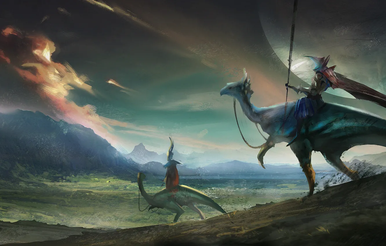 Photo wallpaper the sky, fiction, animal, figure, valley, art, alien, rider