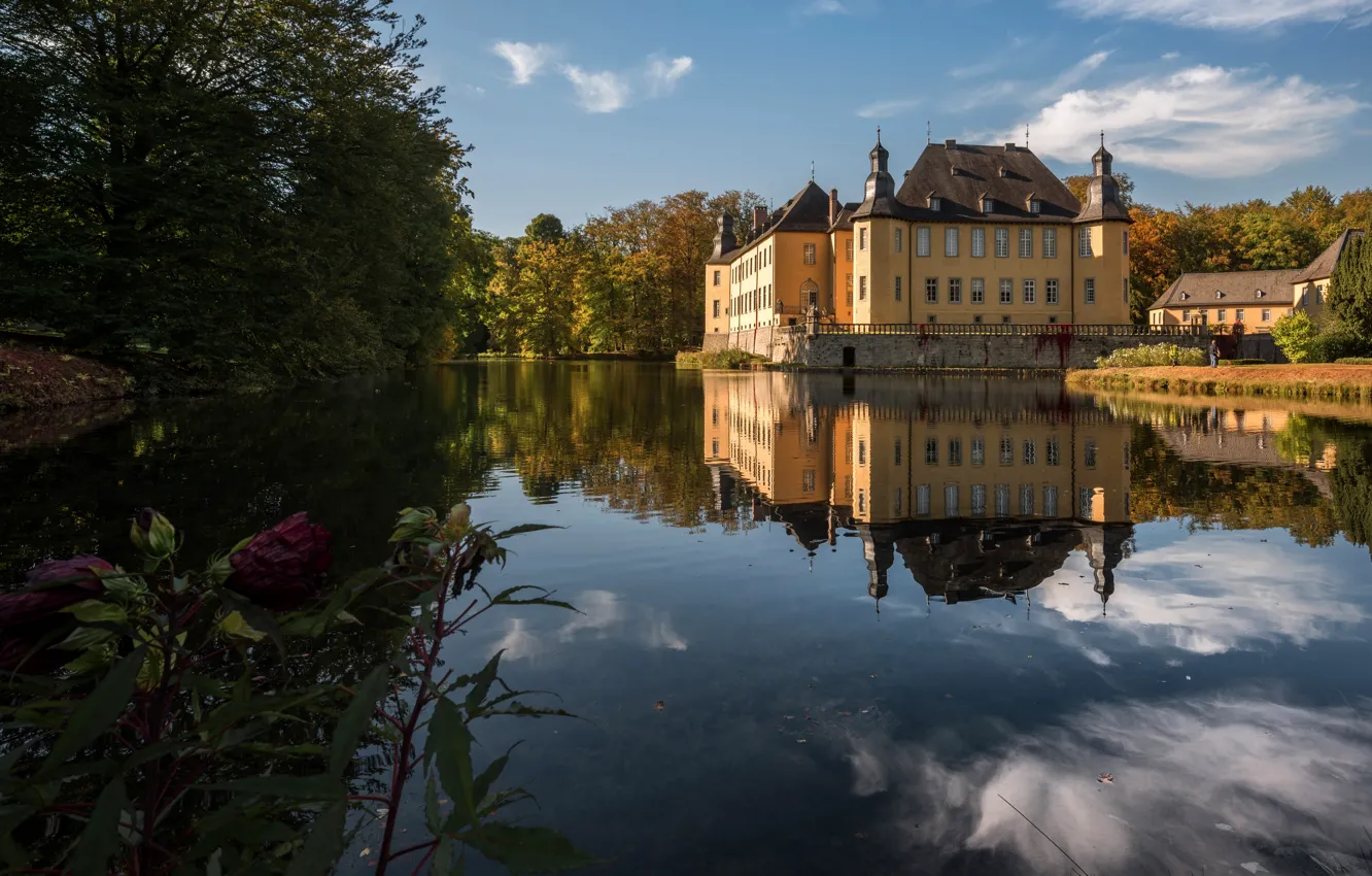 Photo wallpaper autumn, water, trees, pond, reflection, castle, Germany, Sunny