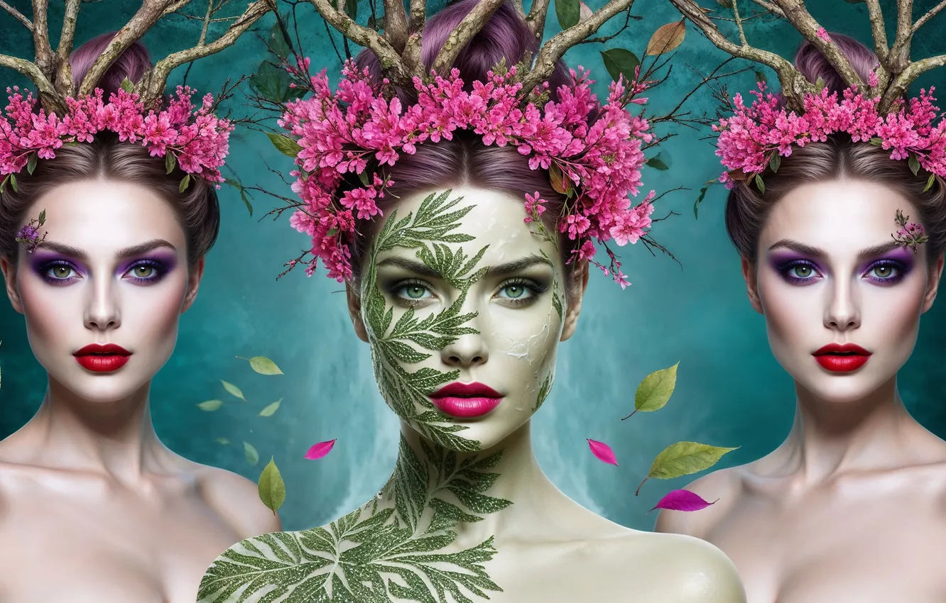Photo wallpaper look, leaves, girl, flowers, branches, style, portrait, makeup